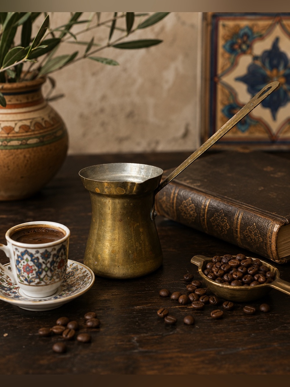 Vtg Brass Turkish Coffee Pot Cezve 4 Tin Lined long handle espresso coffeemaker